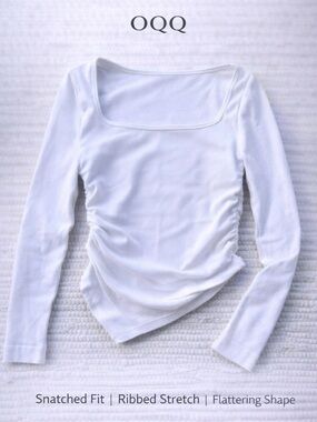 OQQ White Ribbed Asym Square Neck Top Scrunch Side Fitted Size S